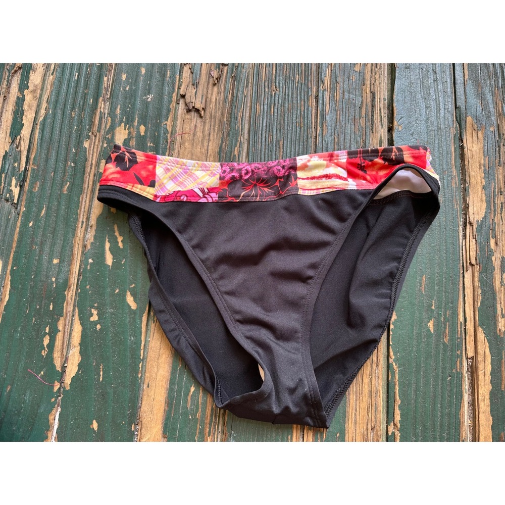 Black Bikini Bottom with Colorful Floral Plaid Patterned Waistband Size M